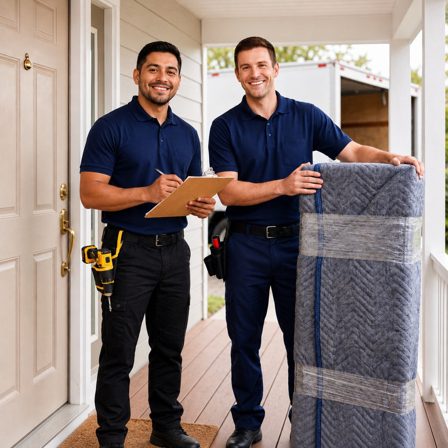 Two Comfort Living delivery technicians at customer's front door with wrapped furniture and clipboard