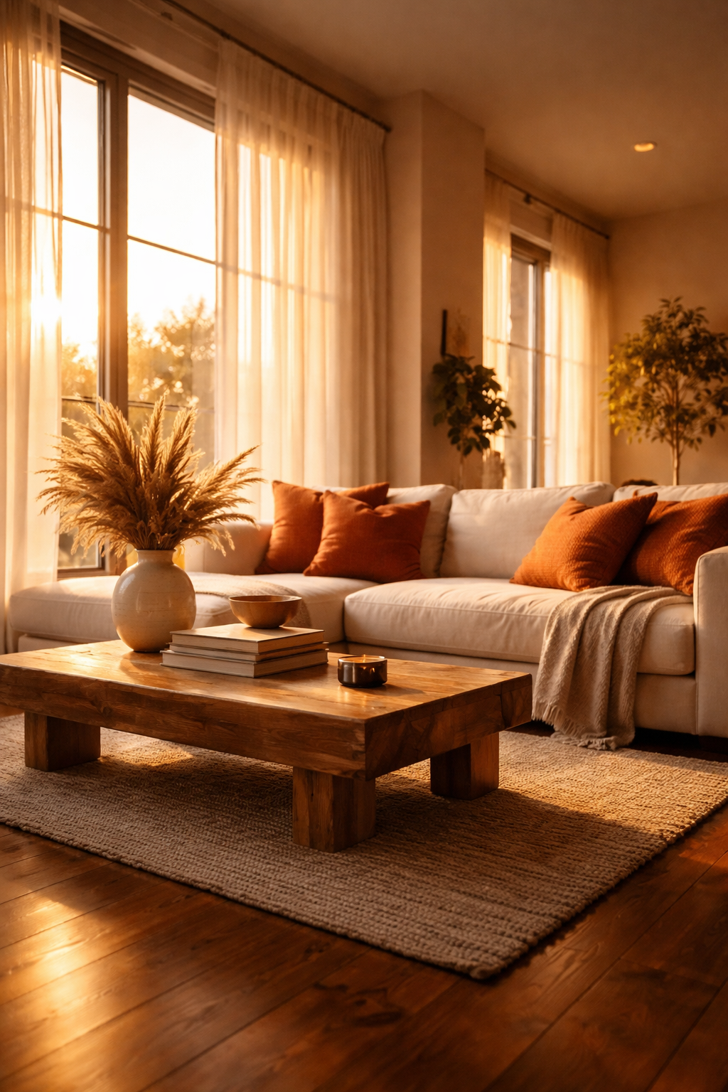 Beautifully furnished living room with cream sectional sofa