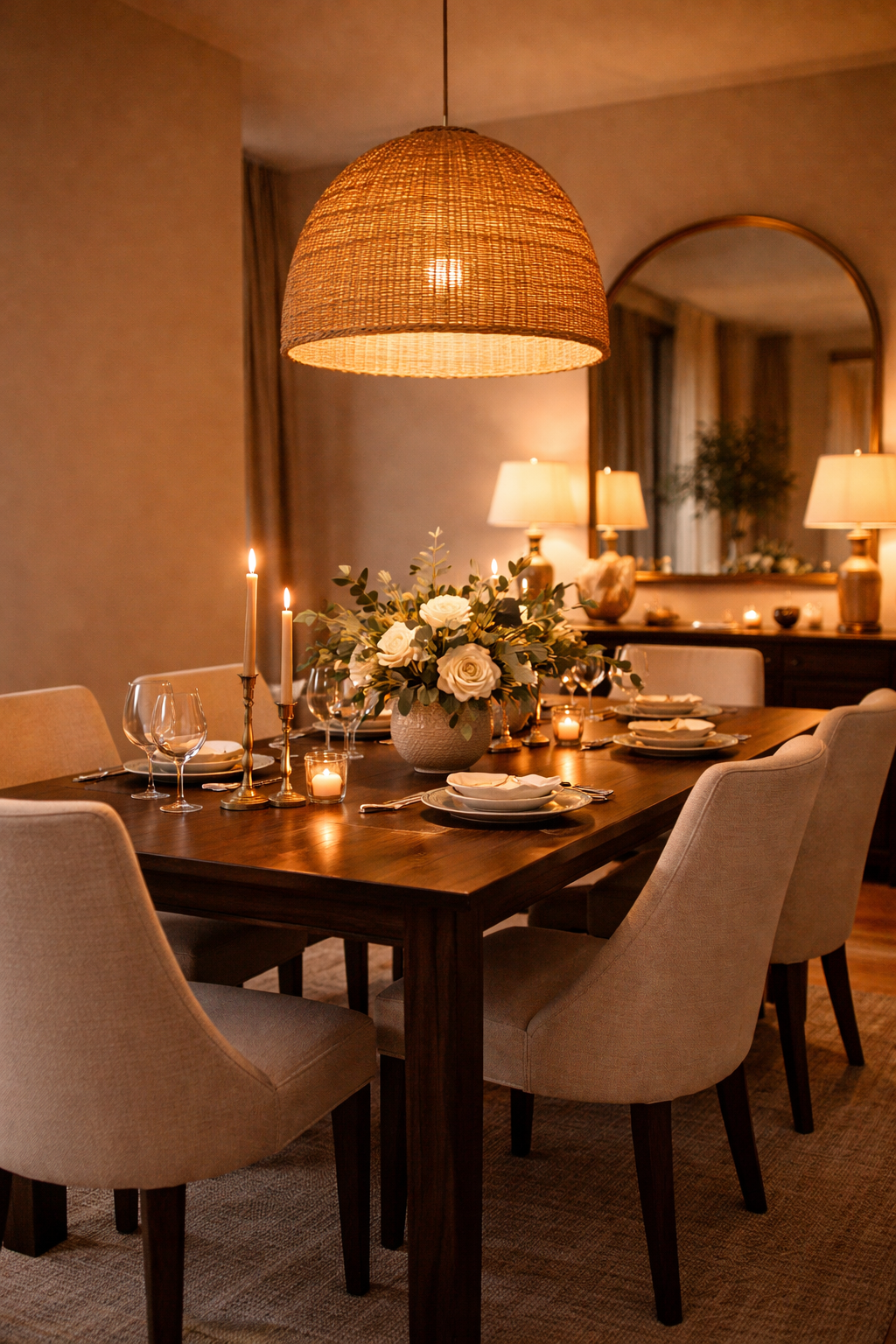 Elegant dining room with walnut table and cream chairs